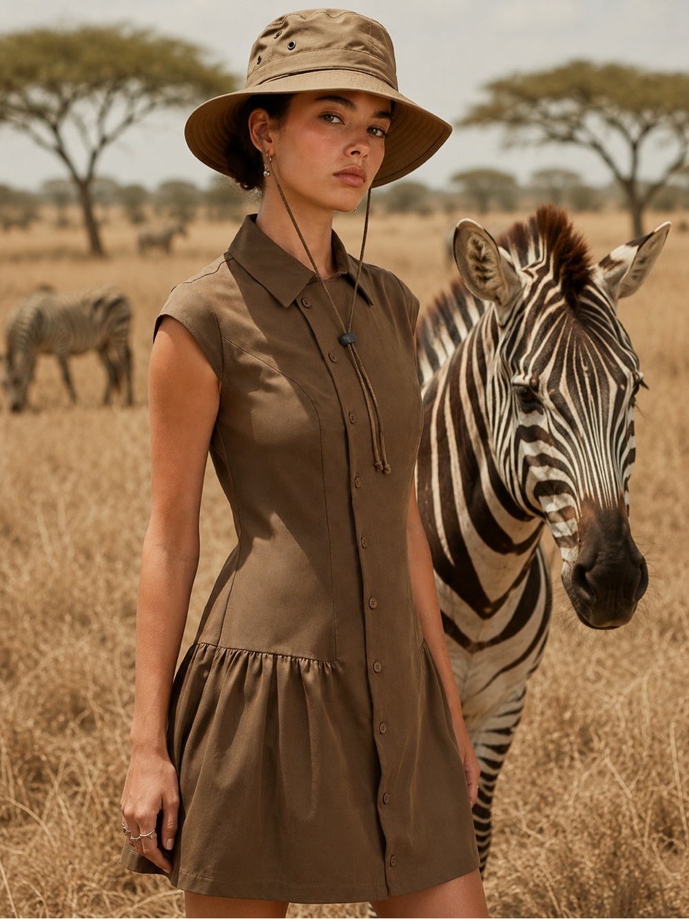 Sleeveless Mini Shirt Dress in Olive Brown